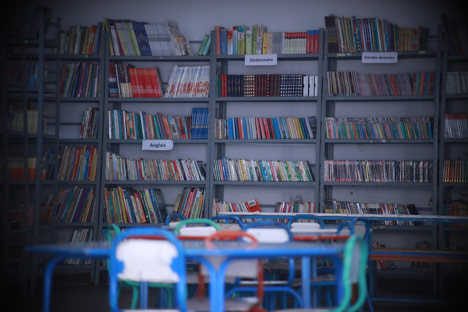 Bibliothèque de l'école : rayons anglais, dictionnaires et bandes dessinées